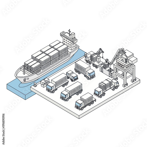 Isometric Illustration of Shipping Yard with Trucks and Containers.