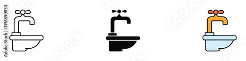 Water tap and sink icon vector set. Faucet with washbasin symbol for bathroom interior, plumbing service, hygiene, and kitchen equipment. Vector Illustration.