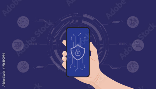 Smartphone with digital shield and lock icon showing mobile cybersecurity protection, data privacy and secure network concept illustration.