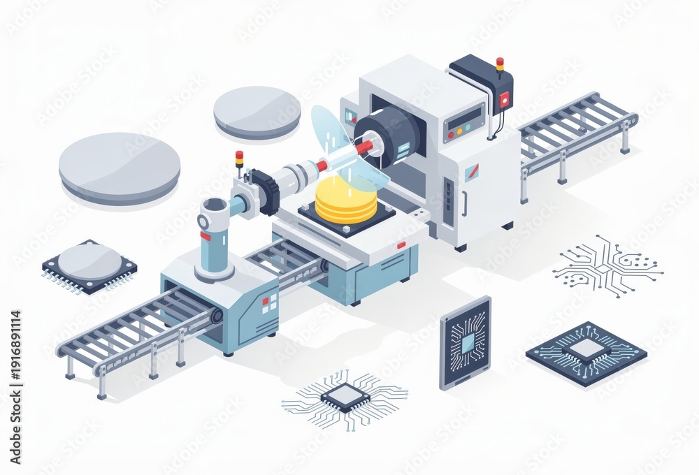 Obraz premium Advanced semiconductor manufacturing process featuring precision robotic arms and intricate chip designs in a sleek industrial environment promoting innovation