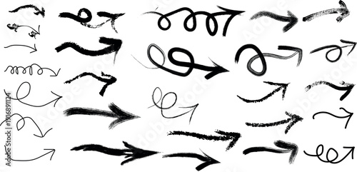 A collection of hand drawn arrows and pointers in various styles and directions on a white background