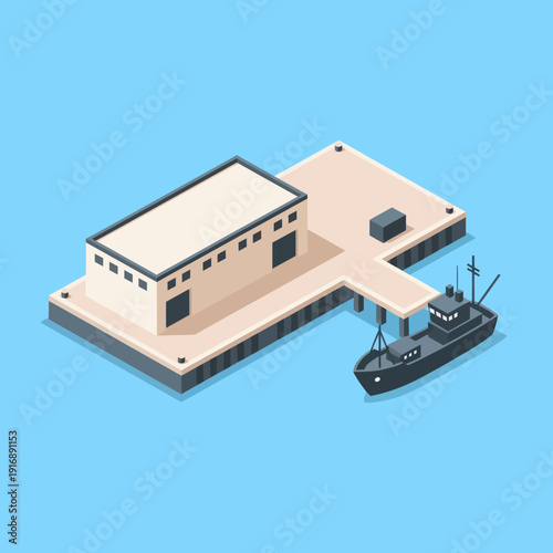Isometric Illustration of Industrial Dock and Tugboat.