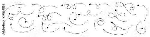Hand drawn dotted curved arrow icon vector set. Black dashed direction pointer with loops and swirls for creative navigation and process flow. Vector Illustration.