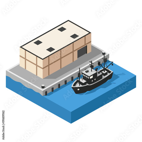 Isometric Illustration of Warehouse and Tugboat.