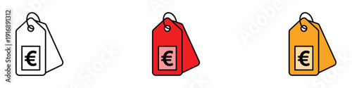 Euro price tag icon vector set. Hanging discount label symbol with Euro currency sign for shopping, retail sale, and commercial offer. Vector Illustration.