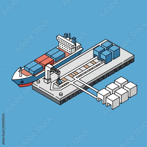 Isometric Illustration of Cargo Ship and Containers.