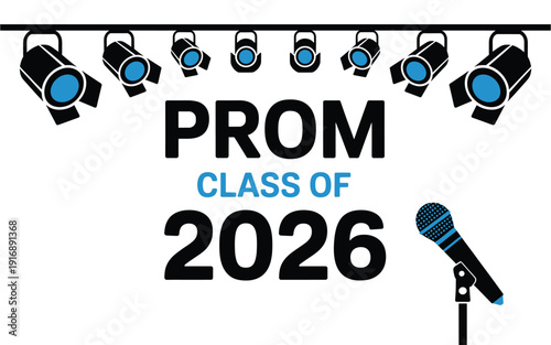 A vector graphic illustration of a prom announcement with stage lights and microphone