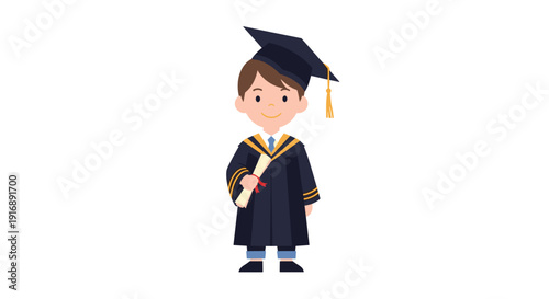 A young boy wearing a graduation cap and gown proudly holds his rolled diploma with a red ribbon on a white background.