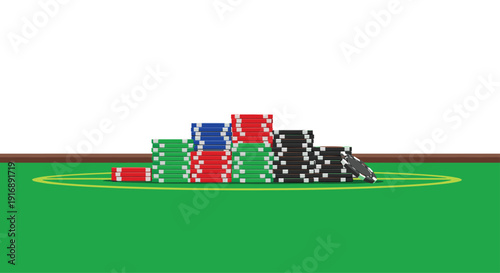 Several large stacks of colorful poker chips including red, green, blue, and black are piled on a green casino table.