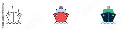 Cargo ship and marine transportation icon vector set. Cruise ship, vessel on waves symbol for logistics, delivery, and travel. Vector Illustration.