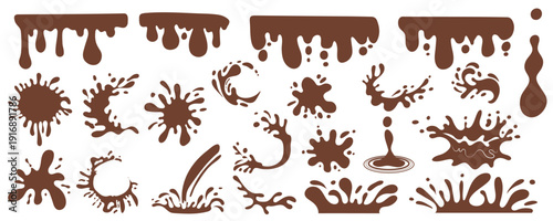 Chocolate splash elements set design. Collection with brown coffee melting borders, flow motion swirls and spots, pouring and falling beverage texture, dropping cola or cacao. Vector illustration.