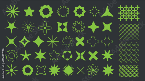 Brutalist geometric shapes elements set design. Collection with neon green flowers, stars, circle and square basic brutal shapes and groovy ornament grids with different prints. Vector illustration.