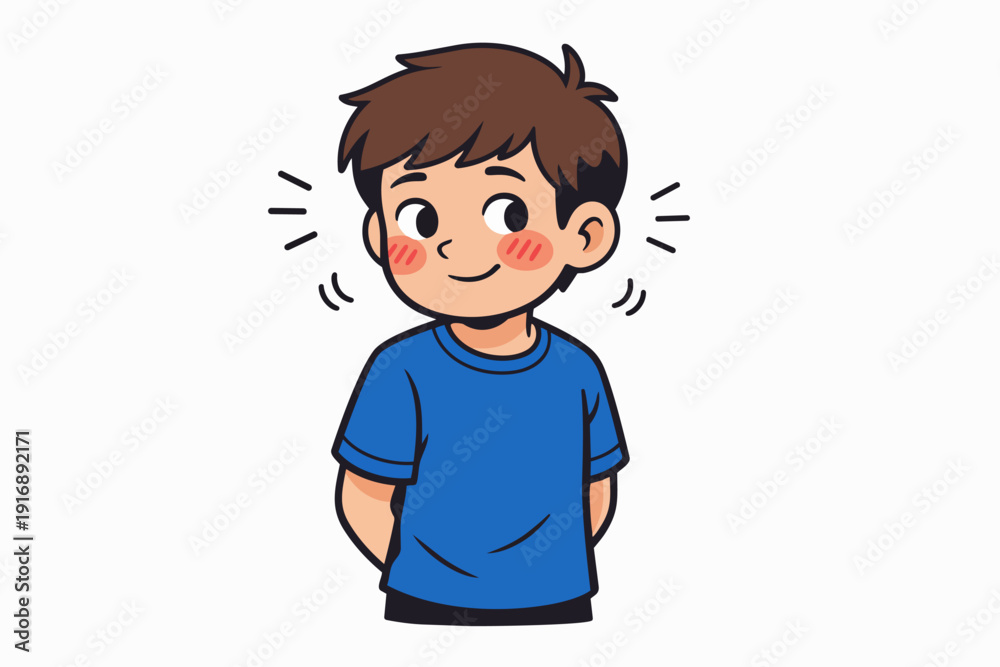 Fototapeta premium Shy boy blushing a cute smile, feeling bashful and embarrassed