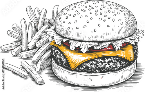 Burger with fries illustration, cheeseburger drawing, fast food vector art, delicious sandwich design, restaurant menu clipart, vintage style burger sketch