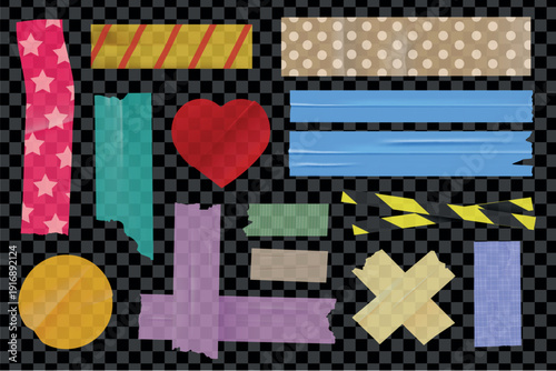 Tape stickers elements set design. Collection with colourful sticky scotch tapes with torn edges, transparent glued round and heart shapes templates and cross overlay ribbons. Vector illustration.