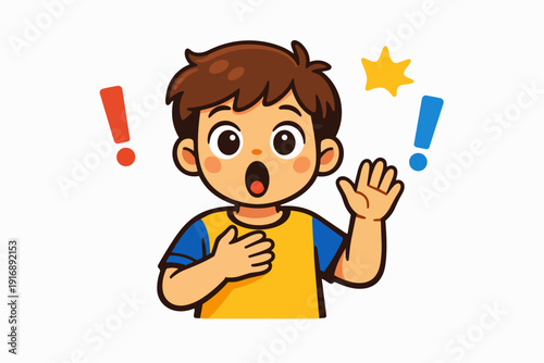 Young boy feeling surprised and amazed, displaying shock with an open mouth gesture