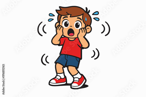 Cartoon boy reacting with fear, feeling shocked, scared, and trembling