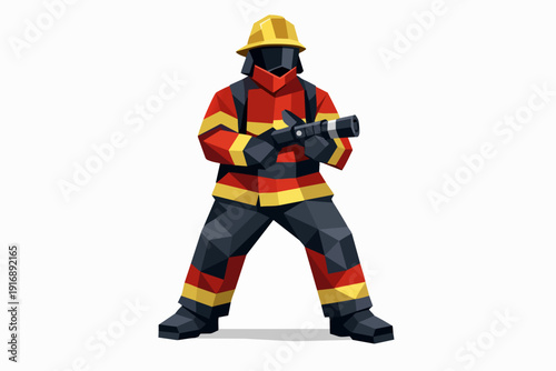 Firefighter holding hose nozzle standing in low poly protective gear
