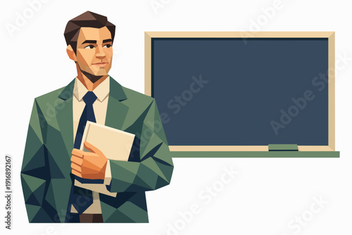 Male professor holding book standing in classroom with blackboard
