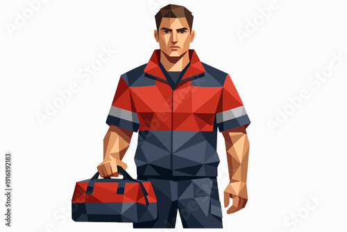 Paramedic or emergency worker holding a medical bag in low poly illustration