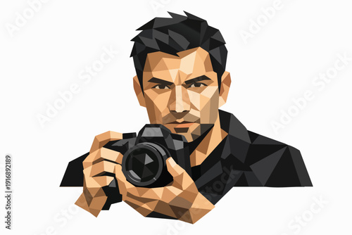 Low poly man holding a digital camera, capturing moments and creating art