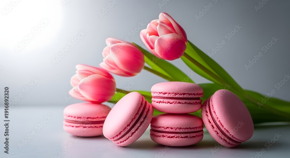 Fototapeta premium Pink macarons and tulips still life