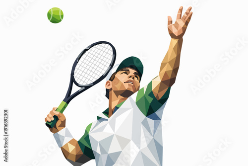 Tennis player serving low poly style illustration with racket and ball