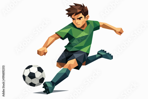 Soccer player drawing in a green jersey kicking a ball with his right foot