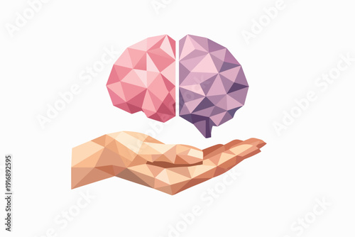 Hand holding low poly brain, representing mental health, psychology, and intelligent care