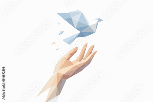 Hand releasing low poly origami dove, symbolizing freedom, peace, and hope