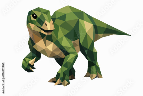Green low poly iguanodon art on white, geometric prehistoric dinosaur