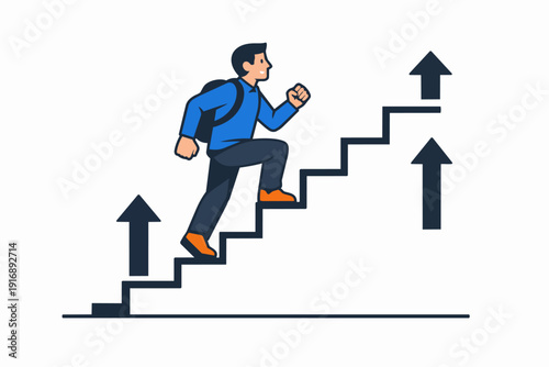 Man climbing steps with upward arrows showing career progress and ambition