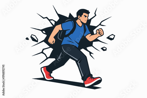 Determined man breaking through concrete wall representing overcoming challenges