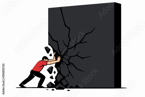 Man pushing dark wall, breaking it. Concept of effort, challenge, and determination