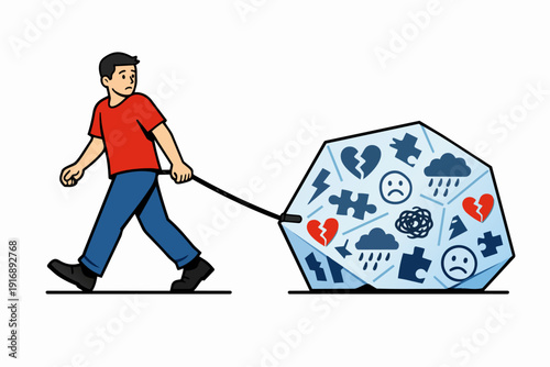Man pulling emotional burden illustrated as a heavy ice block with mental health symbols