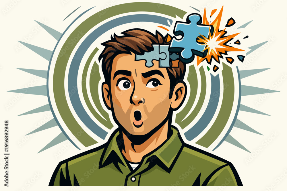 Fototapeta premium Man experiencing a sudden eureka moment with puzzle piece exploding from head