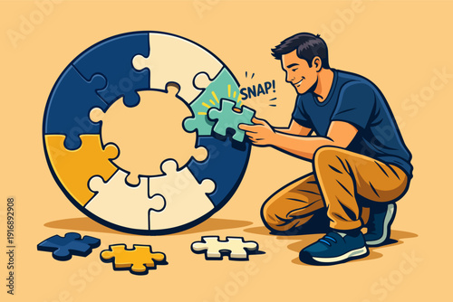 Man solving jigsaw puzzle, finding solution to problem, achieving success goal