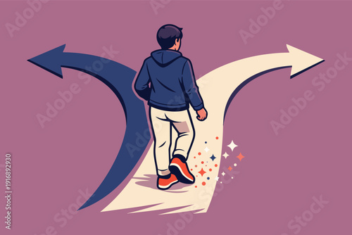Person walking on diverging paths, making a difficult decision about the future