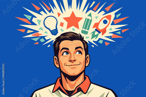 Man having creative idea, launching new projects, achieving success and inspiration