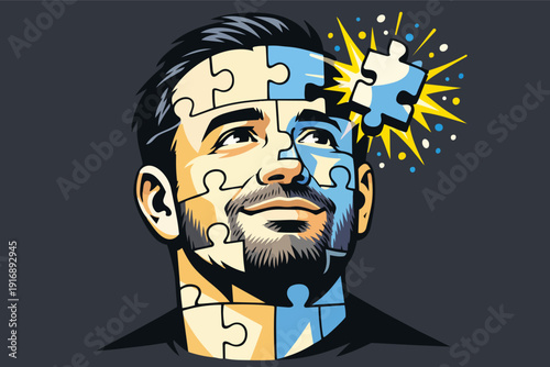 Man solving a puzzle, illuminating a new idea and discovering identity