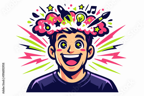 Man having great idea, creative brainstorm explosion, finding inspiration