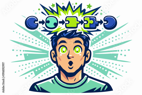 Young man experiencing a breakthrough, with a sequence of puzzle pieces above his head