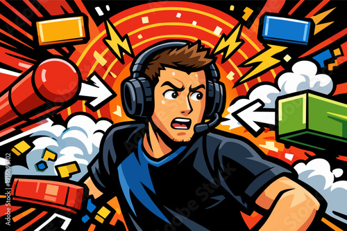 Focused gamer playing intense video game battle with dynamic pop art style