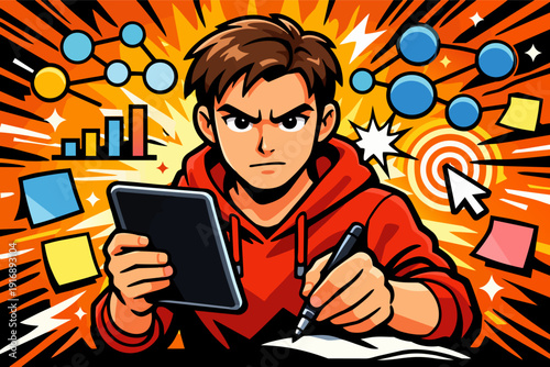 Student concentrating on studies and data analysis for productivity and creative learning