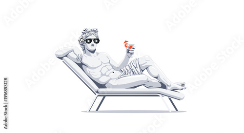 An Apollo statue relaxes on a beach chair, wearing star-shaped sunglasses and holding a refreshing cocktail.