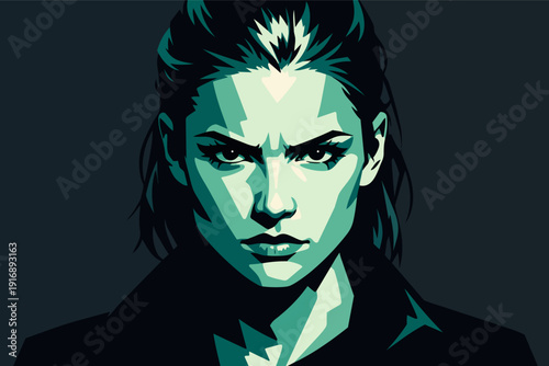 Woman with intense stare showing determination and strength in bold pop art style