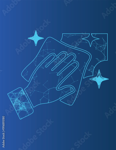 Abstract digital hand wiping surface with sparkling clean blue lines