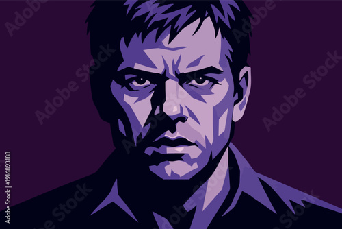 Man portrait vector art with determined expression on purple background
