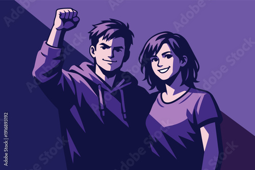 Young couple standing together with raised fist symbolizing solidarity and power