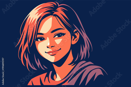 Anime girl portrait with short hair smiling and looking at camera in colorful pop art style